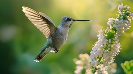 Naklejka premium Ultra-detailed macro shot of a hummingbird hovering near a delicate flower, with vibrant, natural colors. The bird's feathers shimmer in shades of emerald 