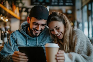 Happy couple laughing at tablet in cafe
