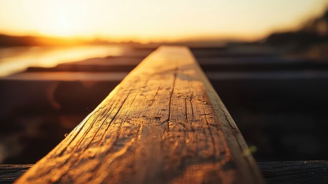 Under the setting sun, a wooden guitar stretches from the near distance to the far distance, with the focus gradually blurring on the guitar neck