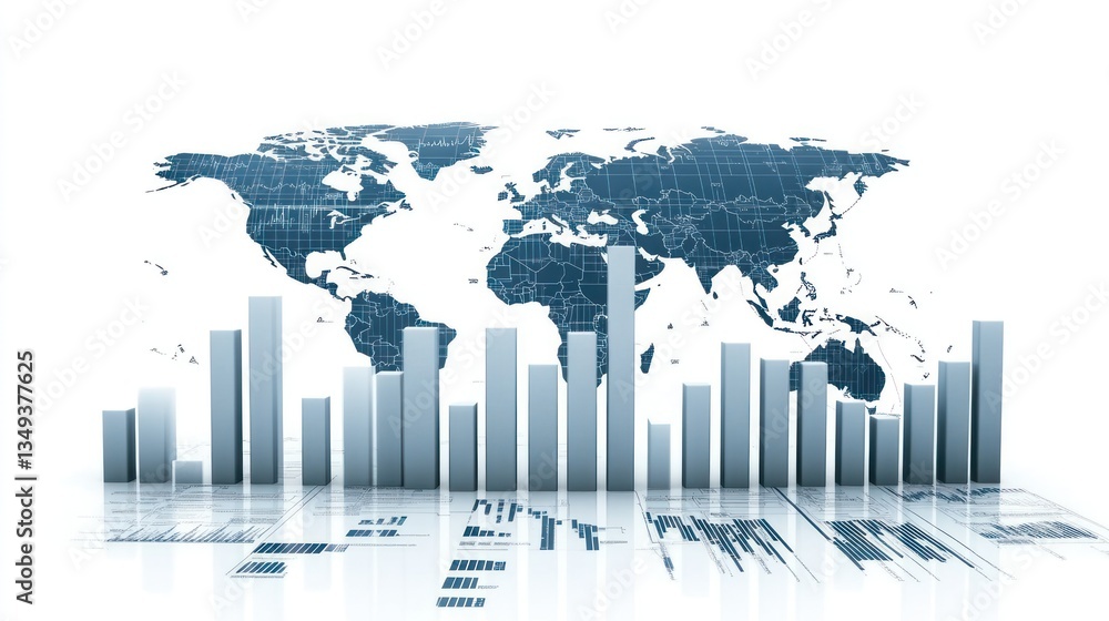 Aufkleber global financial market data visualization: 3d bar chart and world map