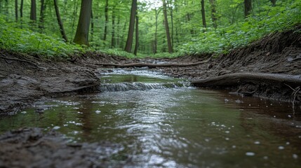 Tranquil forest stream, shallow water flows gently over muddy banks, lush green foliage surrounds