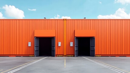Obraz premium Two open orange shipping containers under a blue sky.