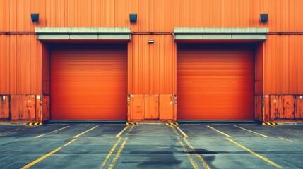 Two large orange industrial roll-up doors on a building exterior.