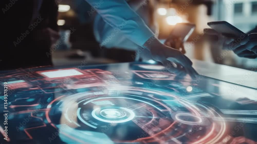 Poster business colleagues are collaborating on a project, using a futuristic interactive touchscreen table