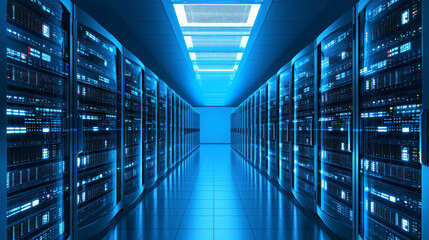 Long row of advanced servers in a high-tech server room designed for high performance computing and numerical methods in a modern digital environment.
