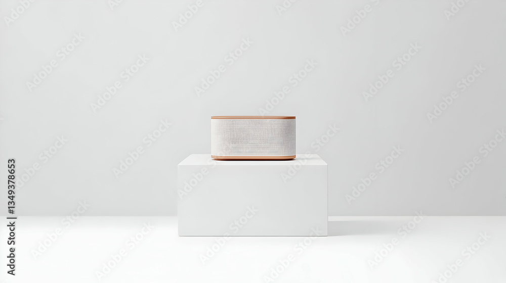 Poster white box object on a wooden podium displayed in a minimalist studio background