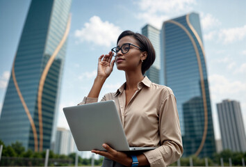 Confident Businesswoman with Laptop in Modern City