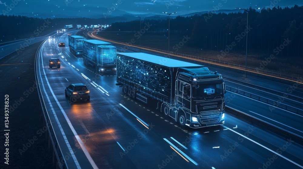 Poster autonomous trucks with digital network connections driving on a highway at night.