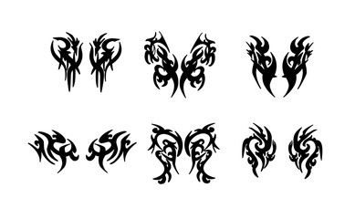 Neo tribal gothic tattoo set, vector ethnic y2k ornament, black symmetry rock music cover print. Cyber futuristic graphic elements, Celtic wings, abstract acid sign, metal art. Neo tribal clipart
