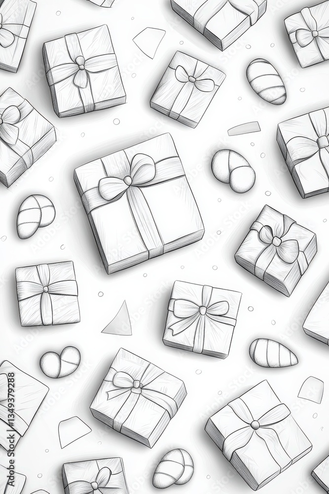 Poster a white background with a bunch of boxes with bows on them