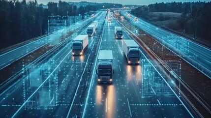 Autonomous trucks driving on a highway at night with digital overlay.