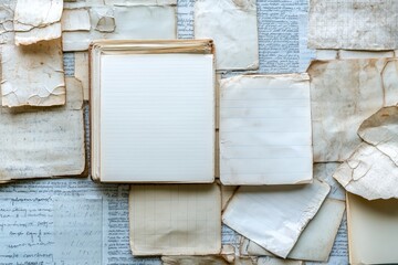 An open notebook with aged and torn paper pages scattered around