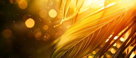 Golden tropical leaves glowing in warm sunlight with dreamy bokeh lights. Nature jungle background for wellness, spa, rainforest vibes.Generative ai