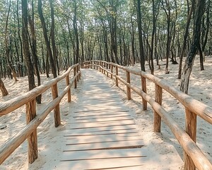 Fototapeta premium A wooden boardwalk leads through a forested sand dune area