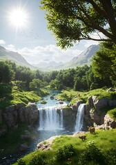 Obraz premium Serene Waterfall Landscape Deer River Mountains Sunny Sky