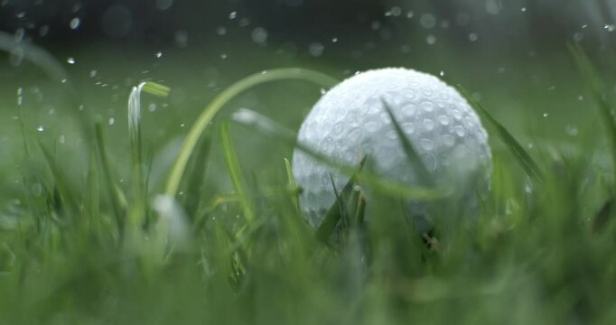 Golf ball on the green grass. Shooting in slow motion, the dew particles fly in around the golf ball. Shot on super slow motion camera 1000 fps.