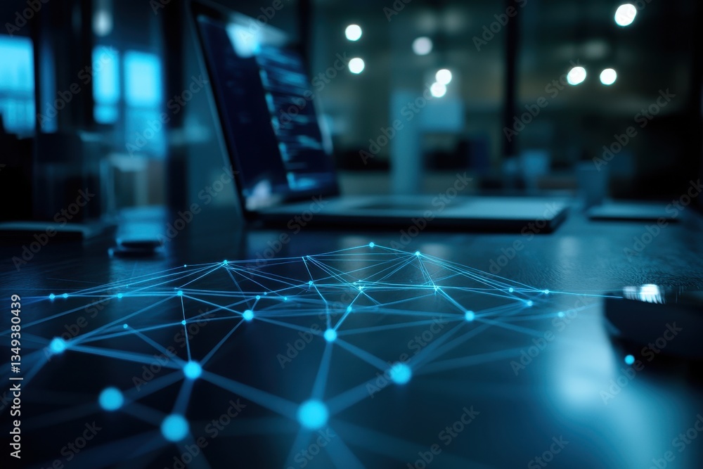 Poster abstract network connection visualization on modern office desk