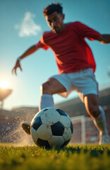Fototapeta premium Soccer player kicks ball on green field. Footballer in red shirt, white shorts during game. Sport action close-up, ball impact with water drops, stadium background.