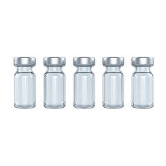 Five clear glass vials for laboratory use, white isolated background.