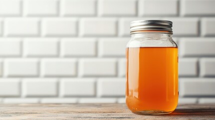 Apple cider vinegar wellness and metabolism, A glass jar filled with a golden-orange liquid stands on a wooden surface against a textured white brick wall, creating a warm and inviting atmosphere.