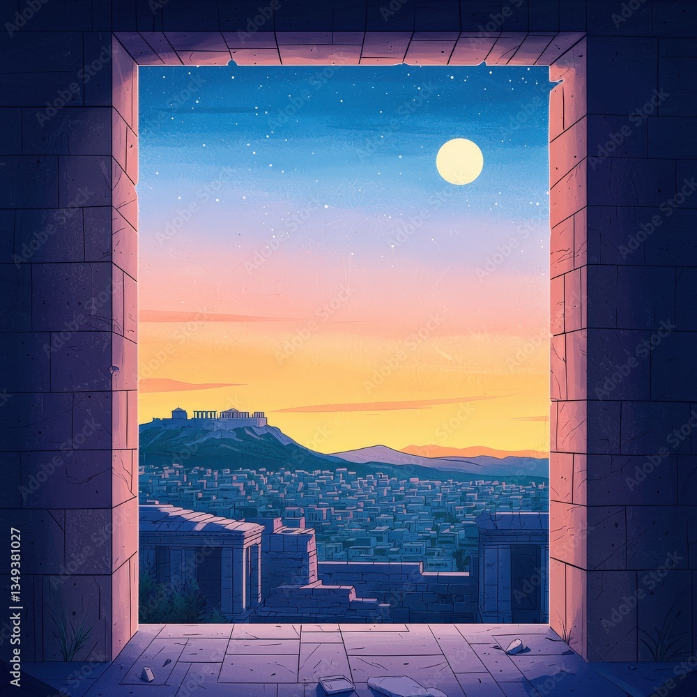 Poster a window in a building with a view of a city and a mountain