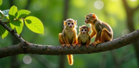 Obraz premium Trio of squirrel monkeys perched on a thick tree limb, Central American, group, wildlife