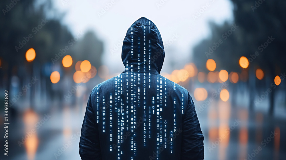 Wall mural mysterious figure in hooded jacket stands in blurred urban setting, with binary code projected on th