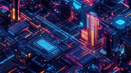Cyberpunk city, isometric architecture, digital art, futuristic scene, for graphic design, print ads, or video games