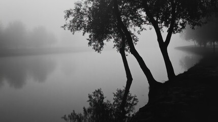 Fototapeta premium Misty Morning by the Lake: Serene Black and White Landscape Photography