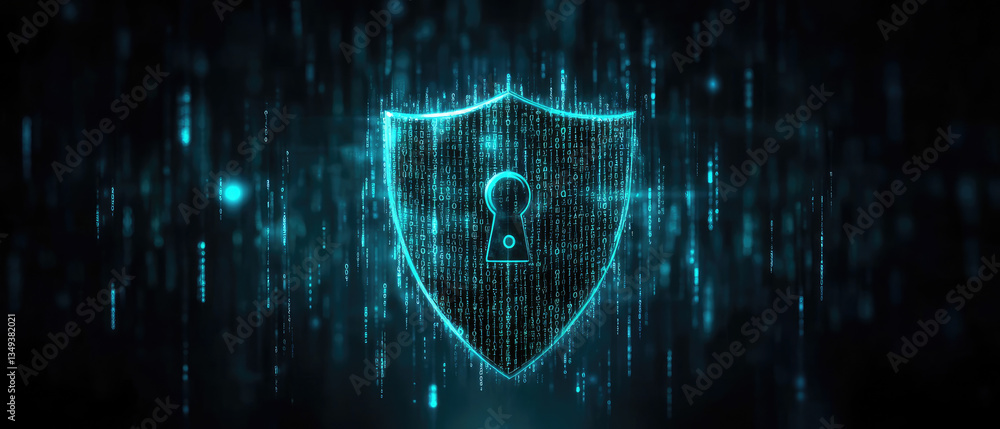 Poster enhancing cybersecurity breach protection a flat design illustration of a shield blocking binary cod