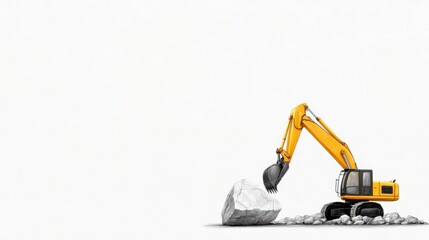 A yellow excavator is digging into a pile of rocks
