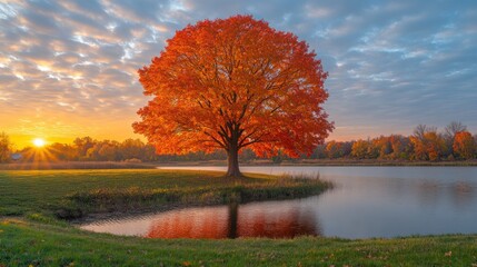 Autumnal sunrise over tranquil lake with vibrant maple