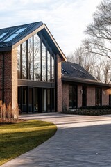 Obraz premium Modern architectural design showcases a striking residential building in a serene suburban setting near trees and a well-maintained garden during late afternoon light