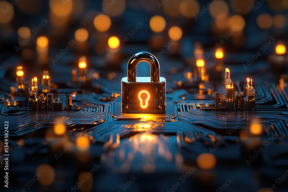 Poster enhancing digital safety with a glowing padlock over a connected network illustration in a secure en