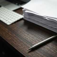 Fototapeta premium Dark wood desk, silver pen, crisp paper stack , note, tidy