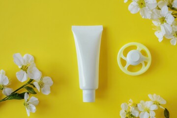 Skincare Tube and Flower Arrangement on Yellow Background