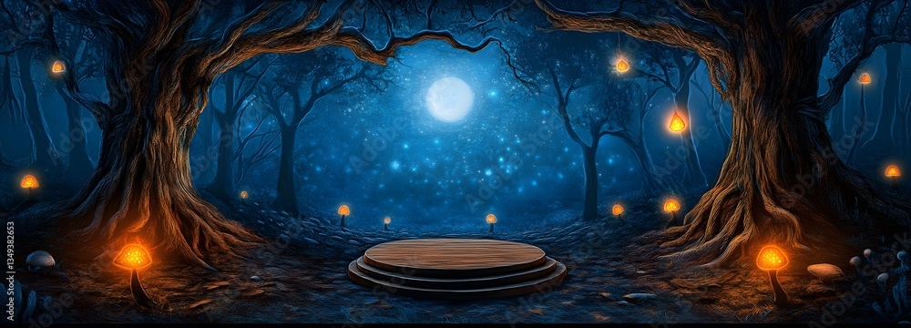 Poster a massive tree-root podium on the right, set deep within an ancient enchanted forest with glowing mu