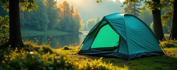 Stylish teal camping tent, ready for adventure , background, travel