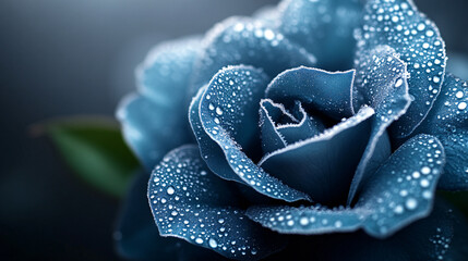 Fototapeta premium mesmerizing macro capture of frost covered petals showcases blue rose adorned with delicate water droplets, creating serene and enchanting atmosphere