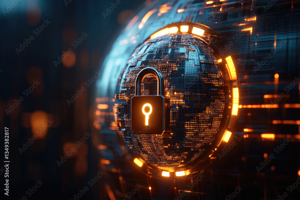 Poster protecting digital privacy global earth globe with orbiting shields and locks illustrating data secu