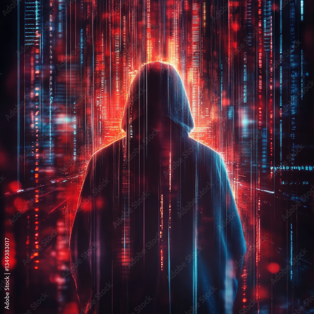Poster unveiling cybersecurity mysteries hooded figure encircled by glowing data streams in the anonymous i