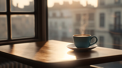 Fototapeta premium steaming cup of coffee sits on wooden table by window, bathed in warm, soft morning light. scene evokes sense of calm and nostalgia, with retro inspired ambiance