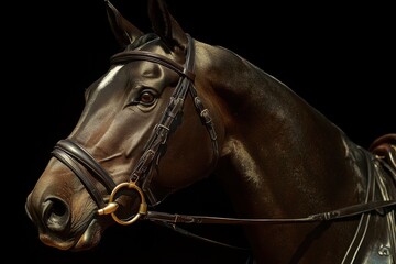 Majestic Brown Horse with Elegant Bridle on Dark Background
