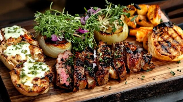 Sliced grilled steak with grilled onions, potatoes and bruschetta on wooden board