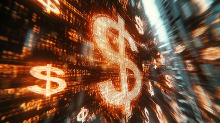 dynamic image of glowing dollar symbols surrounded by digital data streams, creating futuristic financial theme. vibrant orange and black colors enhance sense of movement and energy