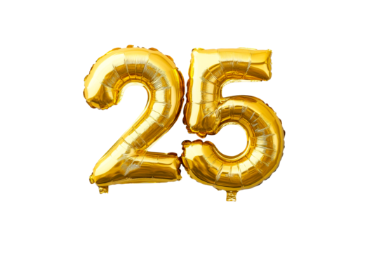 Golden helium balloons in the shape of the number 25, cut out transparent
