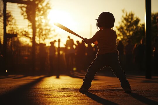 Silhouette of Child Swinging Bat at Sunset in a Sports Field
