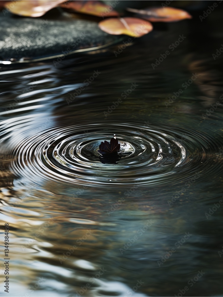 Poster ripple effect: close-up shot of a single drop creating concentric ripples on the water's surface, re
