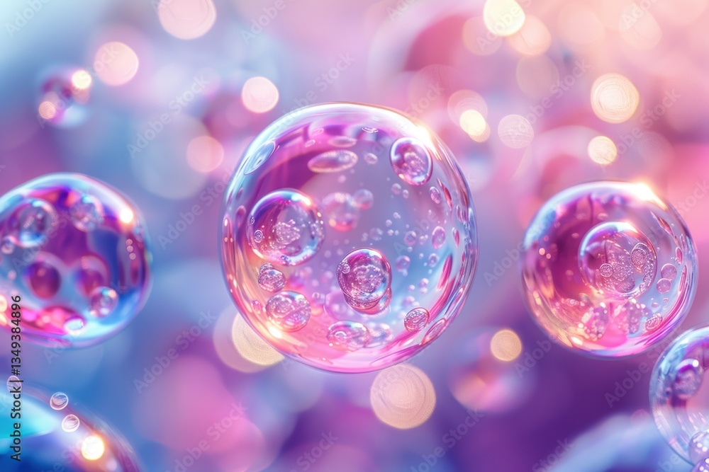 Poster glossy bubble-like surfaces shift in vibrant colors, creating a playful and futuristic atmosphere wi