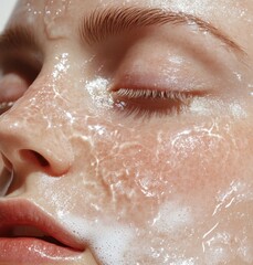 Close-up of young female caucasian face with dewy skin and freckles